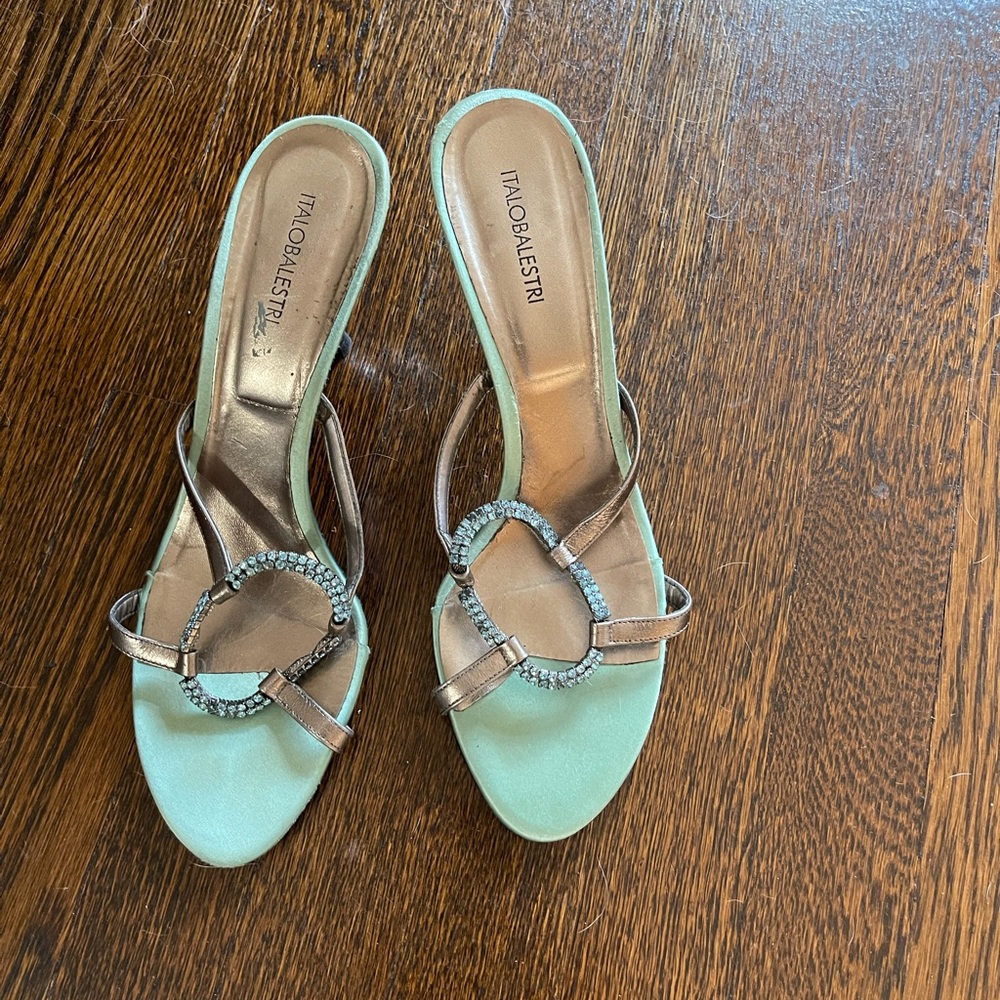 Turquoise Sandal with shiney metal heel
